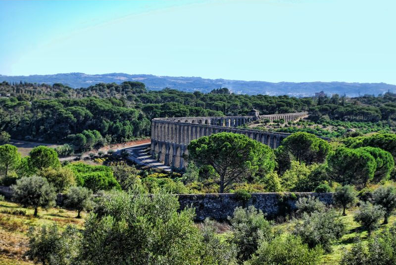 Aqueduct of Pegões in a green Valley near the City of Tomar in Portugal